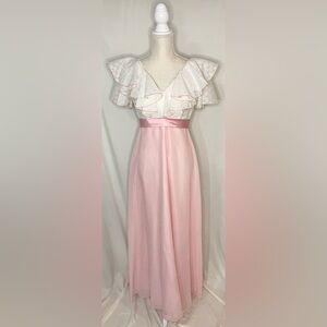 Vintage Pink and White Maxi Dress with Ruffle Details